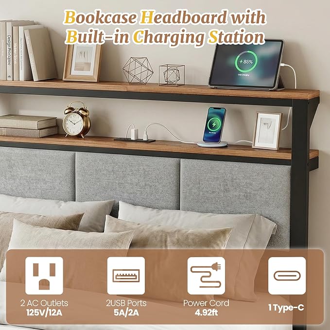Upholstered Twin Bed Frame with 2-Tier Storage Headboard, Metal Platform Bed with Charging Station, Twin Size Bed Frame with 2 Under Bed Storage Drawers, No Box Spring Needed, Noise-Free