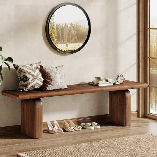 62.99-Inch Solid Wood Entryway Bench, Farmhouse Indoor Wooden End of Bed Bench for Entryway, Hallway, Bedroom, Dining Room, Living Room, Easy Assembly, Rustic Brown