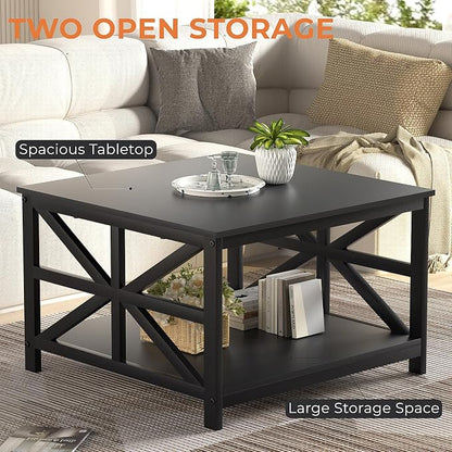 GreenForest Modern Living Room Coffee Table with 2 Tier Storage | X Metal Frame Square Center Table with Seamless One-Piece Tabletop,27.55 inch Sofa Table,Scratch-resistant,Black