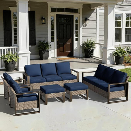 Joyside Outdoor Patio Chairs, 5 Pieces Wicker Rattan Furniture Set, 2 Patio Chairs, 2 Sofa and 2 Ottoman, Metal Wide Armrest, Thick Cushions and Deep Seating for Garden, Backyard, Porch, Deck