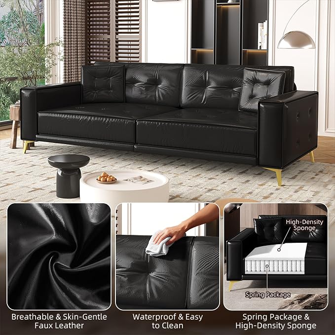 92.1'' King Pull out Sofa Bed, Convertible Futon Couch, 3-in-1 Faux Leather Sleeper Sofa with Tufted Back, 2 Pillows, Gold Legs, Deep Folding Loveseat Couches for Living Room, Apartment, Black