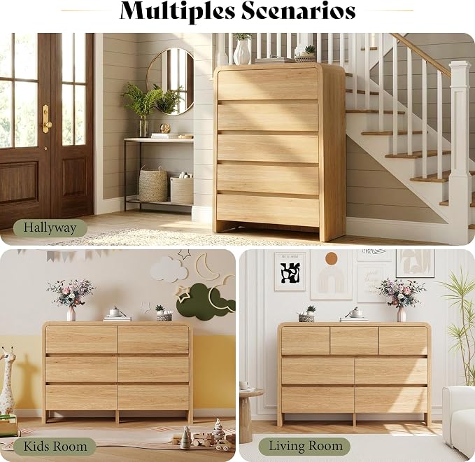 AMERLIFE Modern 3-Piece Bedroom Furniture Set with 7-Drawer Dresser and 2 Nightstands, Large Storage Capacity, Rounded Corners, Flexible Combination Design, Anti-Tip Kit Included, Light Oak