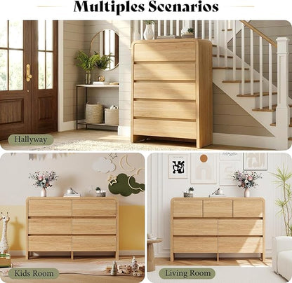 AMERLIFE Modern 3-Piece Bedroom Furniture Set with 7-Drawer Dresser and 2 Nightstands, Large Storage Capacity, Rounded Corners, Flexible Combination Design, Anti-Tip Kit Included, Light Oak