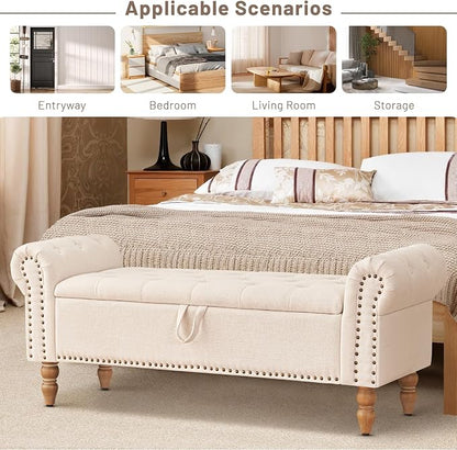 Furniliving 51” Storage Benches, End of Bed Bench with Button-Tufted Large Upholstered Storage Ottoman Linen Window Bench with Storage Shoe Cabinet Bench, for Bedroom, Entryway, Closet, Beige