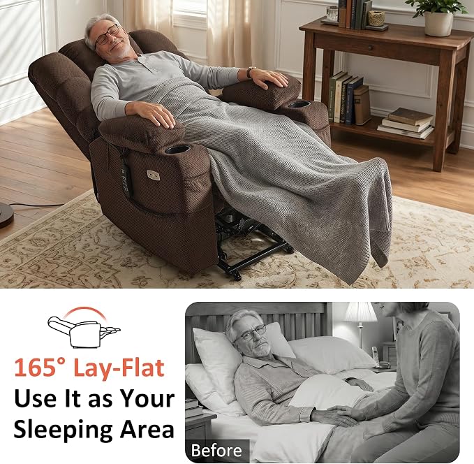 MCombo Triple Motor Lay Flat Power Lift Recliner Chair for Tall Elderly, Infinite Position, Massage, Dual Heating, Adjustable Headrest, Fabric 7634 (Coffee, Large)