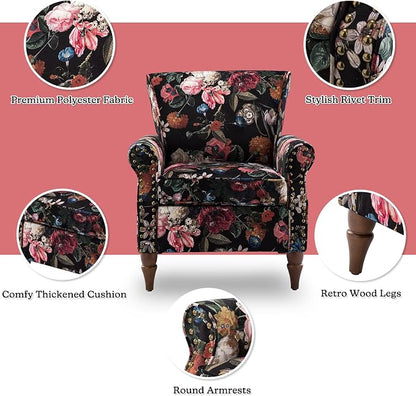 HULALA HOME Modern Wingback Accent Chair with Wood Legs & Removable Cushion, Comfy Upholstered Armchair with Nailhead Trim, Floral Pattern Single Sofa Chair for Living Room Bedroom, Black