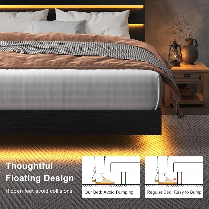 Feonase Floating Bed Frame Full with Led Lights and Charging Station, Wood Full Size Bed Frame with Storage Headboard, Heavy Duty Metal Slats, No Box Spring Needed, Easy Assembly, Noise-Free,Black