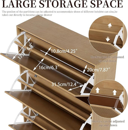 Fsbecl Shoe Storage Cabinet for Entryway with 3 Flip Drawers, Narrow Shoe Organizer with Fluted Panel, Freestanding Wood Hidden Shoe Cabinet for Hallway(Wood Color, 31.4''W, Double Layer)