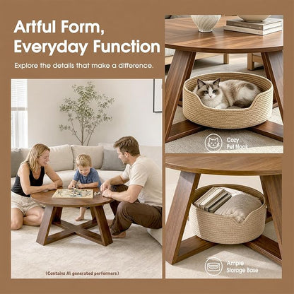Round Coffee Table, 31.5" Modern Unique Farmhouse Coffee Table for Living Room with Walnut Wood Grain,Small Coffee Table with Open Storage, Circle Center Table with Cross Base,Rustic Brown