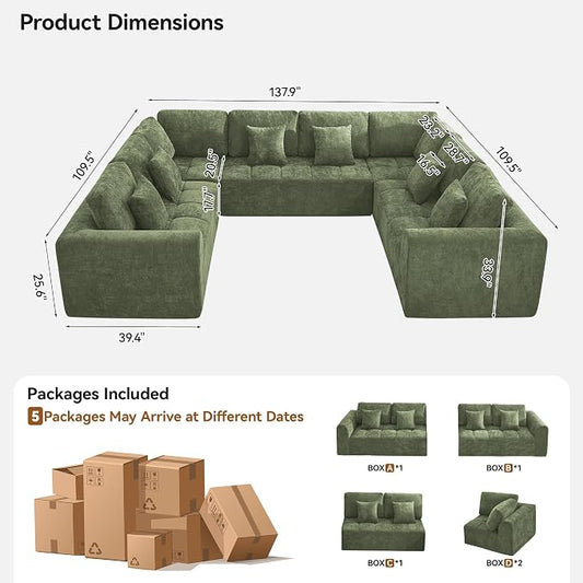 140''Modular Sectional Couches for Living Room, Cloud Boneless Compressed Sectional Sofa, Oversized U Shaped 8 Seater Upholstered Memory Foam Sofa, No Assembly, Chenille Green