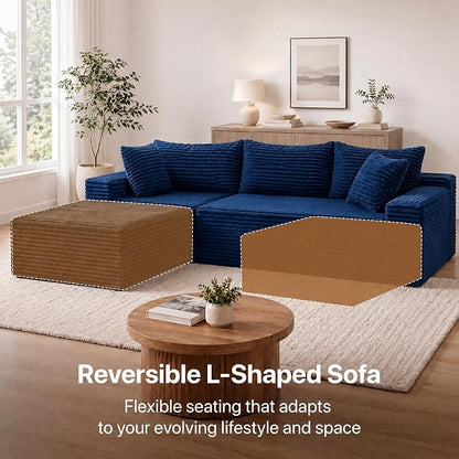 Claiks 104" Boneless Couch, Cloud Couch Sectional, L-Shape Corduroy Modular Sectional Sofa Deep Seat, Upholstered Couches for Living Room, No Assembly Required, Blue