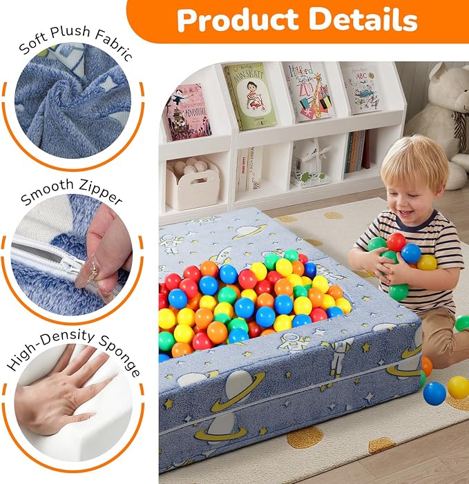 MeMoreCool Modular Kids Couch, Glow Play Toddler Couch for Bedroom Playroom, Convertible Foam Kids Sofa Bed, Fold Out Baby Sofa for Girl Boy, Denim Rocket