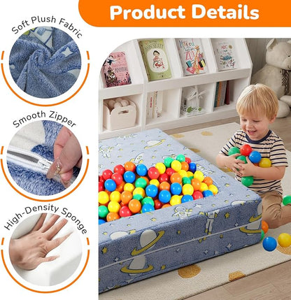 MeMoreCool Modular Kids Couch, Glow Play Toddler Couch for Bedroom Playroom, Convertible Foam Kids Sofa Bed, Fold Out Baby Sofa for Girl Boy, Denim Rocket