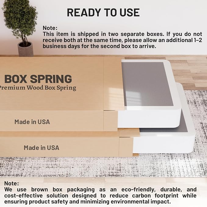 Treaton, Box Spring Bed Base Full Size, 8-Inch Wood Mattress Foundation – Amish Made in USA – Quiet Noise Free, 2-Pieces Under Mattress-Support BoxSpring, Fully Assembled, White