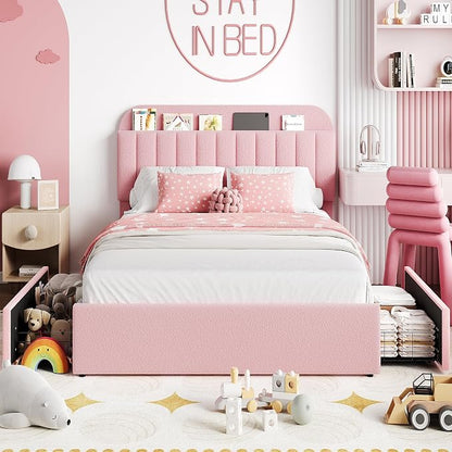 Garvee Full Size Bed Frame with 2 Flexible Drawers, Boucle Upholstered Platform Bed Frame with Bookcase Headboard, Bedframe for Kids/Girls, Easy Assembly, No Box Spring Needed, Noise Free, Pink