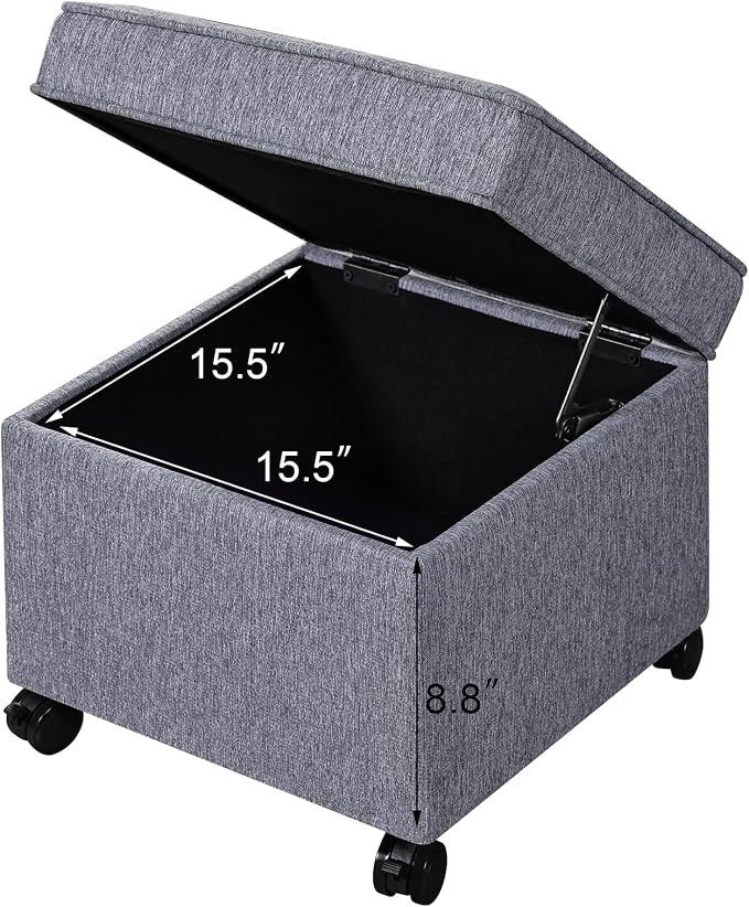 Adeco 17.5 Inch Square Storage Ottoman with Wheels, Modern Linen Upholstered Footrest Stool & Coffee Table with Flip Top Lid, Rolling Footstool for Living Room & Bedroom, Grey