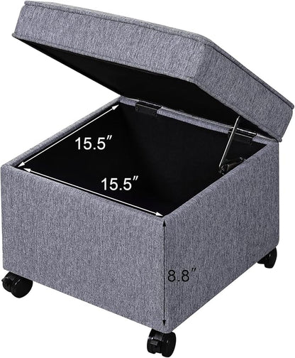 Adeco 17.5 Inch Square Storage Ottoman with Wheels, Modern Linen Upholstered Footrest Stool & Coffee Table with Flip Top Lid, Rolling Footstool for Living Room & Bedroom, Grey