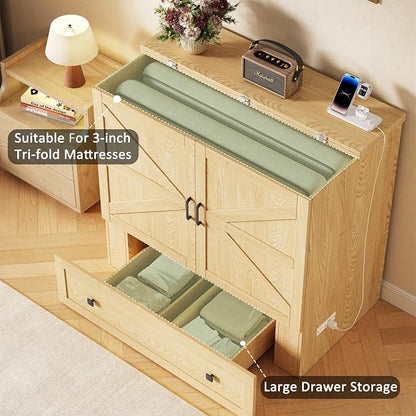 LIVAUVEAD Murphy Bed with Built-in Charging Station, Space-Saving Murphy Bed Chest Twin with Drawer, Foldable, for Home Office Guest Room Bedroom,Natural