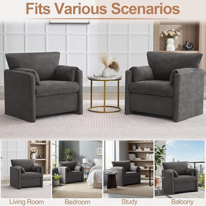 Oversized Accent Chair for Living Room, 32.68" Large Modern Armchair with Deep Seat, Mid-Century Comfy Reading Chair with Padded Arms, Chenille Single Sofa Chairs for Bedroom, Dark Grey
