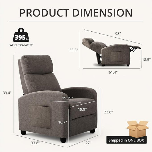 Recliner Chair for Living Room, Modern Adjustable Home Theater Seating Single Sofa Manual Push Back Armchair with Soft Linen Upholstery & High Backrest for Small Spaces, Linen-Gray