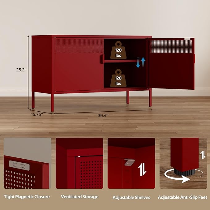 Red 25" H Metal Storage Cabinet with Adjustable Shelf, 2 Door Accent Cabinet, 2-Tier Low Cabinet with Vent Hole, TV Stand for Entryway, Home Office, Music Studio