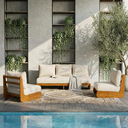 Merax 3 Piece Patio Outdoor Furniture Set, All-Weather Acacia Wood 3-Seater Daybed Sofa, 2 Chaise Lounge Chairs with Thick Cushions for Porch, Lawn, Backyard, Balcony, Beige +Teak