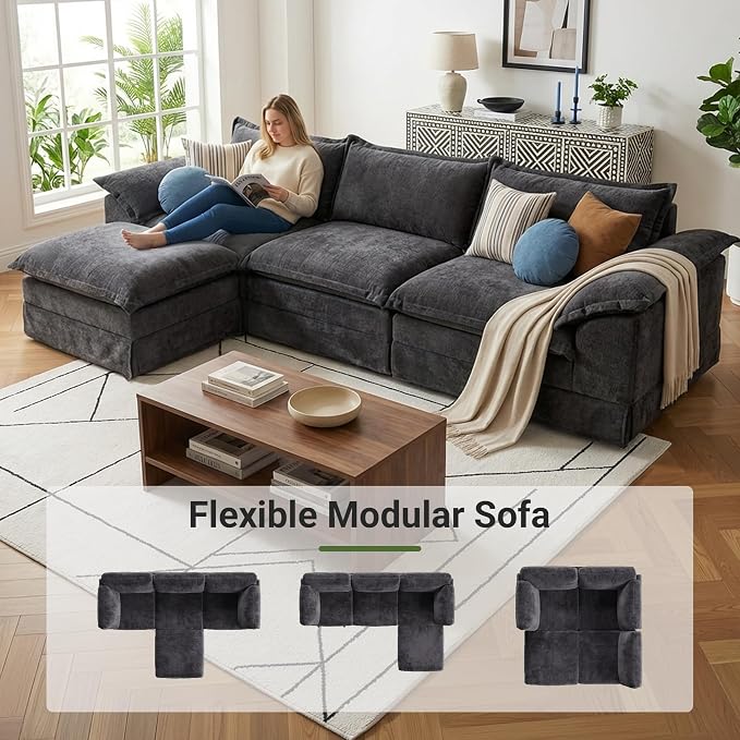 Claiks 123" Modular Boneless Couch, L Shaped Couch for Living Room, Modern Deep Seat Sofa 3 Seater Chenille Fabric Comfy Cloud Couches with Movable Ottoman, Dark Grey