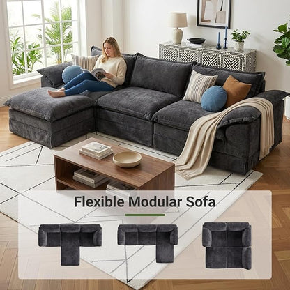 Claiks 123" Modular Boneless Couch, L Shaped Couch for Living Room, Modern Deep Seat Sofa 3 Seater Chenille Fabric Comfy Cloud Couches with Movable Ottoman, Dark Grey