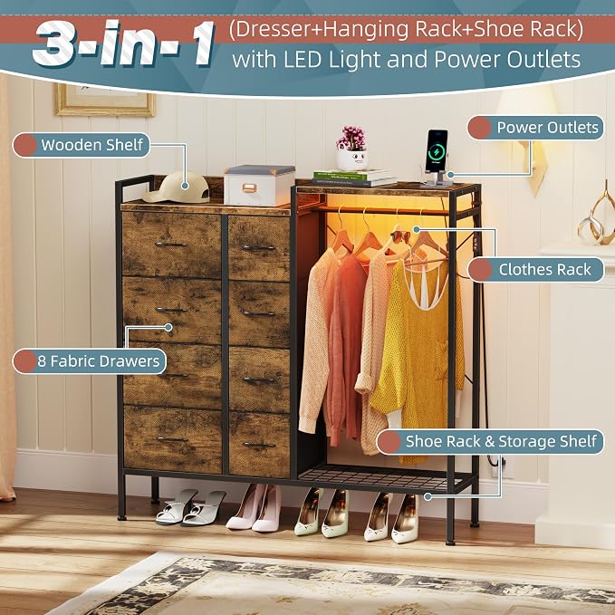 HIGDBFE Dresser with Hanging Rack, 8-Drawer Dresser for Bedroom with Charging Station & LED Lights, Fabric Dressers with Shoe Rack, Rustic Brown, 11.8" D x 42" W x 42.7" H (8 Drawers)