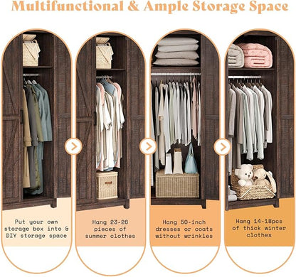 LUXOAK 70" Large Armoire Wardrobe Closet with Hanging Rod, Farmhouse Clothing Storage Cabinet with 2 Barn Doors, Wooden Tall Bedroom Armoires with Shelf, Espresso
