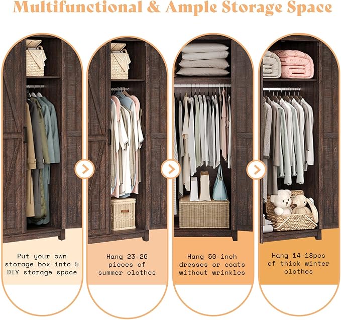 AMERLIFE Set of 2 Farmhouse Armoire Wardrobe Closet with 2 Barn Doors, 71'' Storage Cabinet with Shelf & Hanging Rod, Versatile Clothing Storage for Bedroom, Espresso