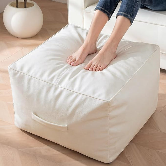 HIGOGOGO Square Stuffed Pouf Ottoman, Pu Leather Poufs with Foam Chunk Filling, Furry and Fluffy Pouf Foot Stool Storage Ottoman,26x18 Inches Floor Poufs Foot Rest for Living Room, Beige