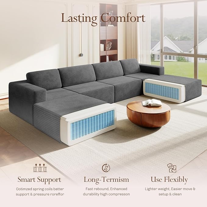 Vesgantti 159" Large Modular Sectional Sofa, U-Shaped Corduroy Cloud Couch with Deep Seats & Spring Support, 4-Seater Boneless Sofa with 2 Movable Ottomans, No Assembly Needed, Grey