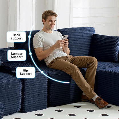 ivoros 111 Inch Modular Sectional Sofa Couch, Oversized Modern Cloud Couch for Living Room, L Shape Couches with Ottomans, USB Ports and Cup Holders, Blue Corduroy Boneless Sofas, Sofa in a Box