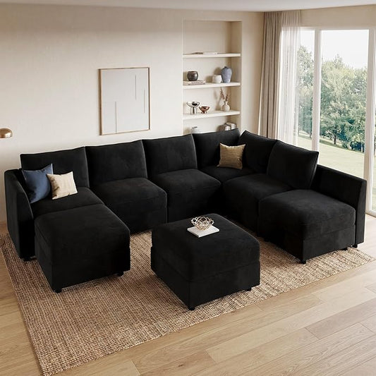 HONBAY Modular Sectional Couch U Shaped Sectional Sofa with Storage Velvet Convertible Sectional Couches for Living Room,Black