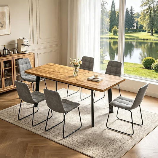Extendable Dining Table Set for 6 to 8 People, 63" to 78.7" Modern Kitchen Table Set with 6 Chairs, MDF Dining Room Table and Chairs with Removable Extension Leaf (Walnut Table+U-Shaped Grey Chairs)