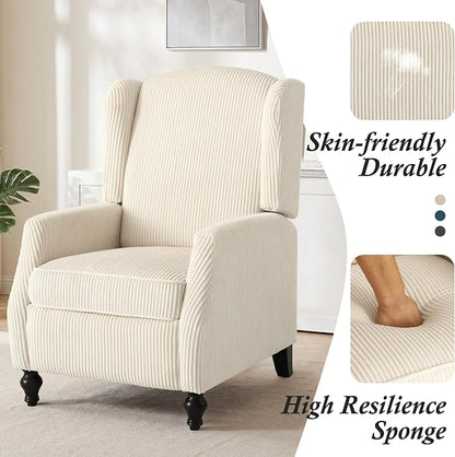 Wingback Recliner Chair, Tufted Corduroy Push Back Arm Chair for Living Room Vintage Recliner Chair with, Padded Cushion, Backrest, Wooden Legs (White)