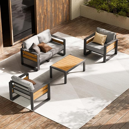 ZANDOR Aluminum Outdoor Patio Furniture Set with Table,4 Seat, Grey | Rustproof,High weight capacity,Water-repellent,Washable Cover,All-Weather Resistant,Easy clean,for Poolside Backyard Deck