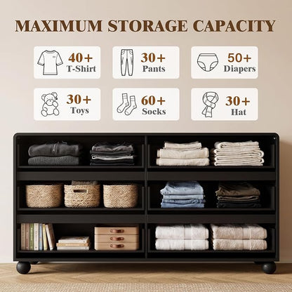 Furniway 3 Piece Bedroom Set, 6 Drawer Dresser and 2 Drawer Nightstand Set of 2 with Round Legs, Modern Wood Chest of Drawers Storage Cabinet for Bedroom, Black