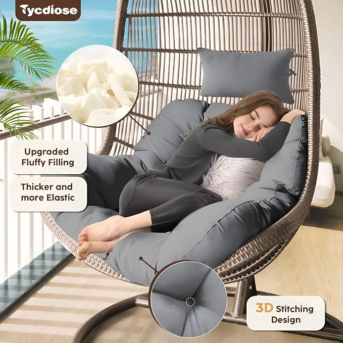 Outdoor Hanging Egg Chair Cushion Replacement, Thicken Egg Chair Cushion Waterproof Basket Eggs Chairs Cushion with Headrest Pillow, U-Shaped Cushions for Hanging Eggs Chairs Swing (Grey)