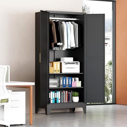 71 "H Wardrobe Closet with Doors, Metal Wardrobe Cabinet with 2 Doors and 2 Adjustable Shelves, Armoire Wardrobes Closet with Hanging Rod, Closets for Bedroom, Laundry Room, Black
