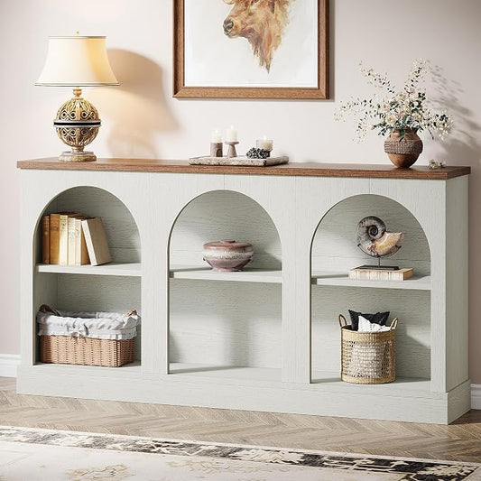 Tribesigns Farmhouse Console Table, 63-Inch Long Entryway Table with 3 Tier Storage, Wooden Rectangular Sofa Table Behind The Couch for Entrance, Hallway, Living Room, Off-White and Brown