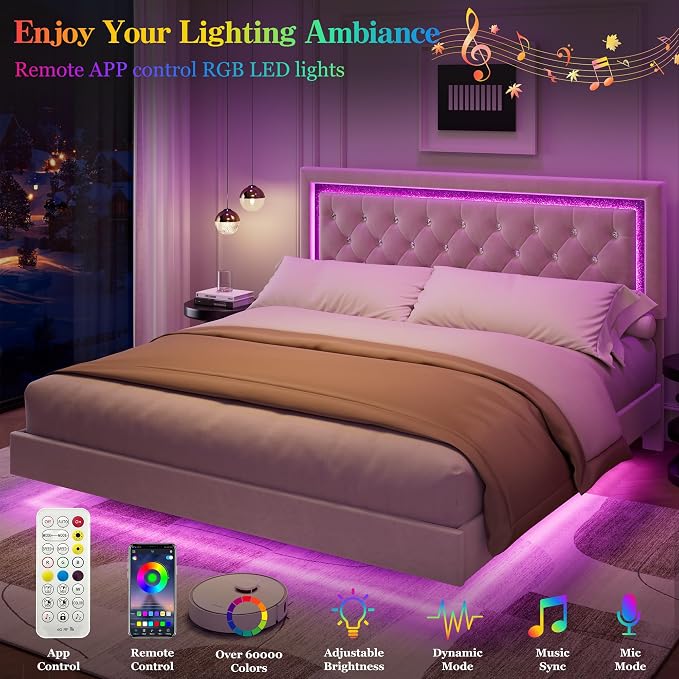 Garvee Floating Bed Frame King Size with Smart Led Lights, Upholstered Platform Bed with Diamond Headboard, Solid Wood Slats Support, No Box Spring Needed, Noise-Free, Easy Assembly, White