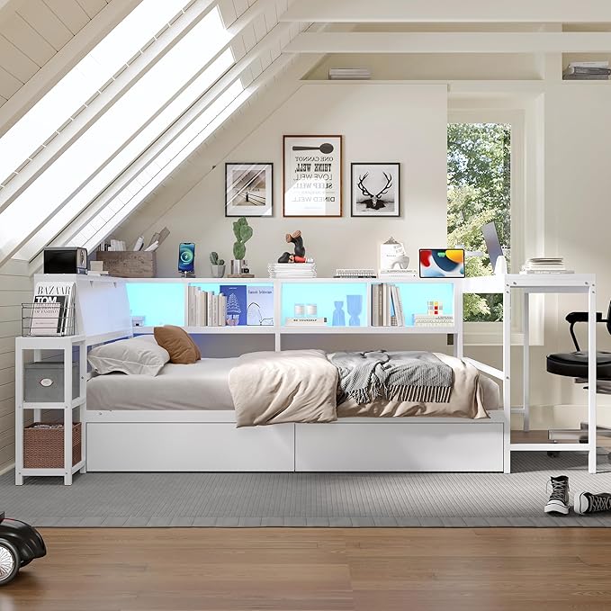 Bellemave Queen Corner Bed Frame with Desk and Storage, Queen Size Captains Bed with Charging Station and LED Light, Wood Daybeds with L-Shaped Bookcase and 2 Drawers, White