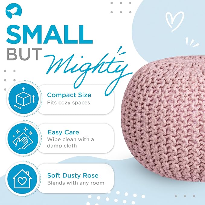 BIRDROCK HOME Round Pouf Ottoman Foot Rest - 18.5”x18.5”x15” Boho Compact Comfortable Soft Cotton Braided Foot Stool with Bean Bag Filling for Living Room, Bedroom, or Nursery (Dusty Rose)