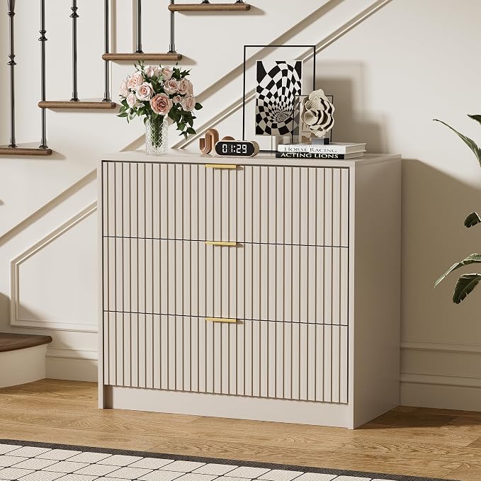 Furniway Beige Dresser Bedroom Set 3 Pieces, Nightstands Sets of 2, 8 Drawer Dresser with Gold Handles for Bedroom
