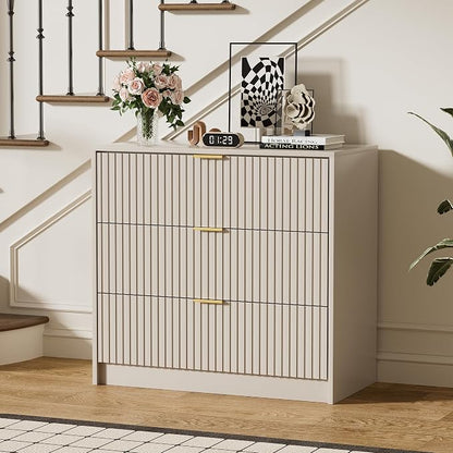 Furniway Beige Dresser Bedroom Set 3 Pieces, Nightstands Sets of 2, 8 Drawer Dresser with Gold Handles for Bedroom