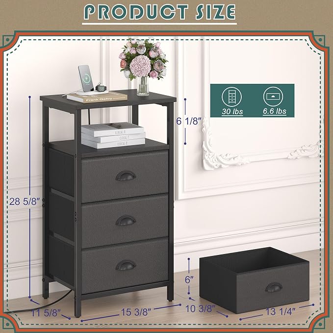 sthmec Nightstand with Charging Station,LED Black Nightstand with 3 Fabric Drawers PU Finish, Bedside End Tables, 2-Tier Open Storage Shelf Side Table Nightstand with Drawers for Bedroom,Black