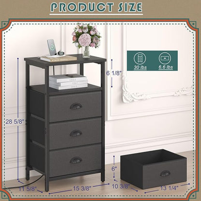 sthmec Nightstand with Charging Station,LED Black Nightstand with 3 Fabric Drawers PU Finish, Bedside End Tables, 2-Tier Open Storage Shelf Side Table Nightstand with Drawers for Bedroom,Black
