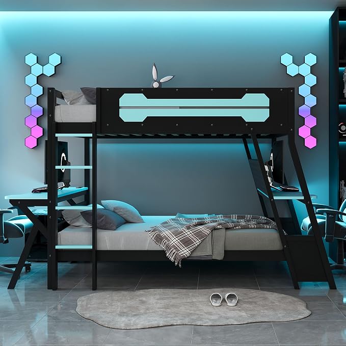 Merax Wooden Full Over Full Bunk Bed with 2 Side Desks, USB Desktop Ports and Pegboard Organizer, Gaming Bunk Bed for Gamer, Kids or Teens, No Box Spring Needed, Cloud Blue